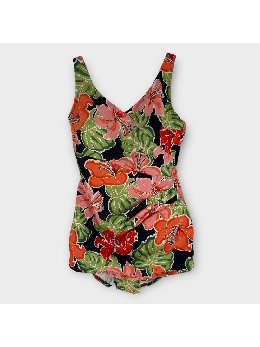 Roxanne Retro Pinup Swimsuit Faux Wrap Gold Orange Metallic Modest Bra 14 38D